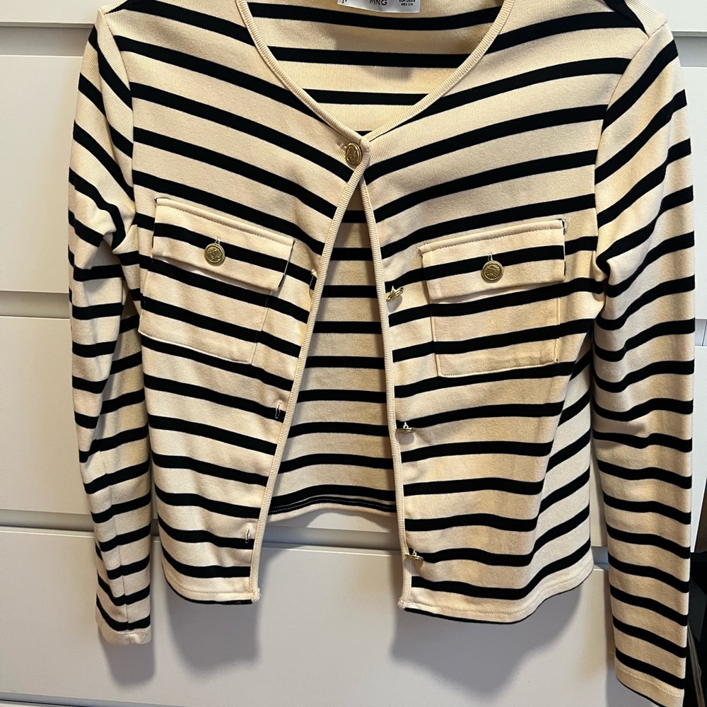 Mango Black and Cream Striped Blazer Fall Cardigan Cozy Sweater